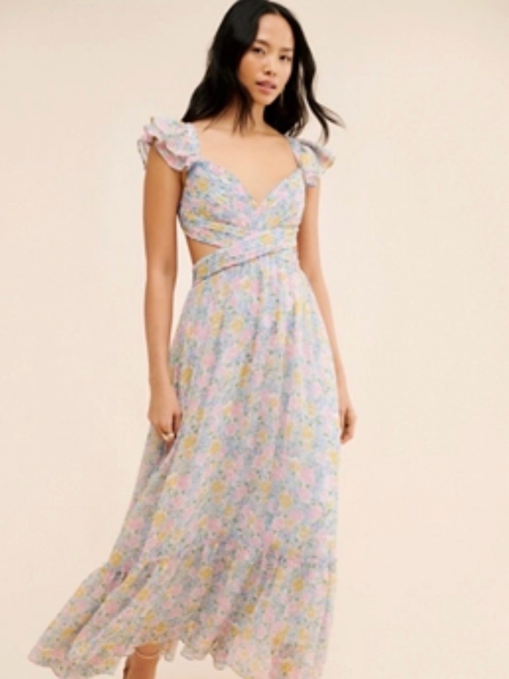 ASTR Floral Pastel Cutout Maxi Dress - Pink & Yellow size medium